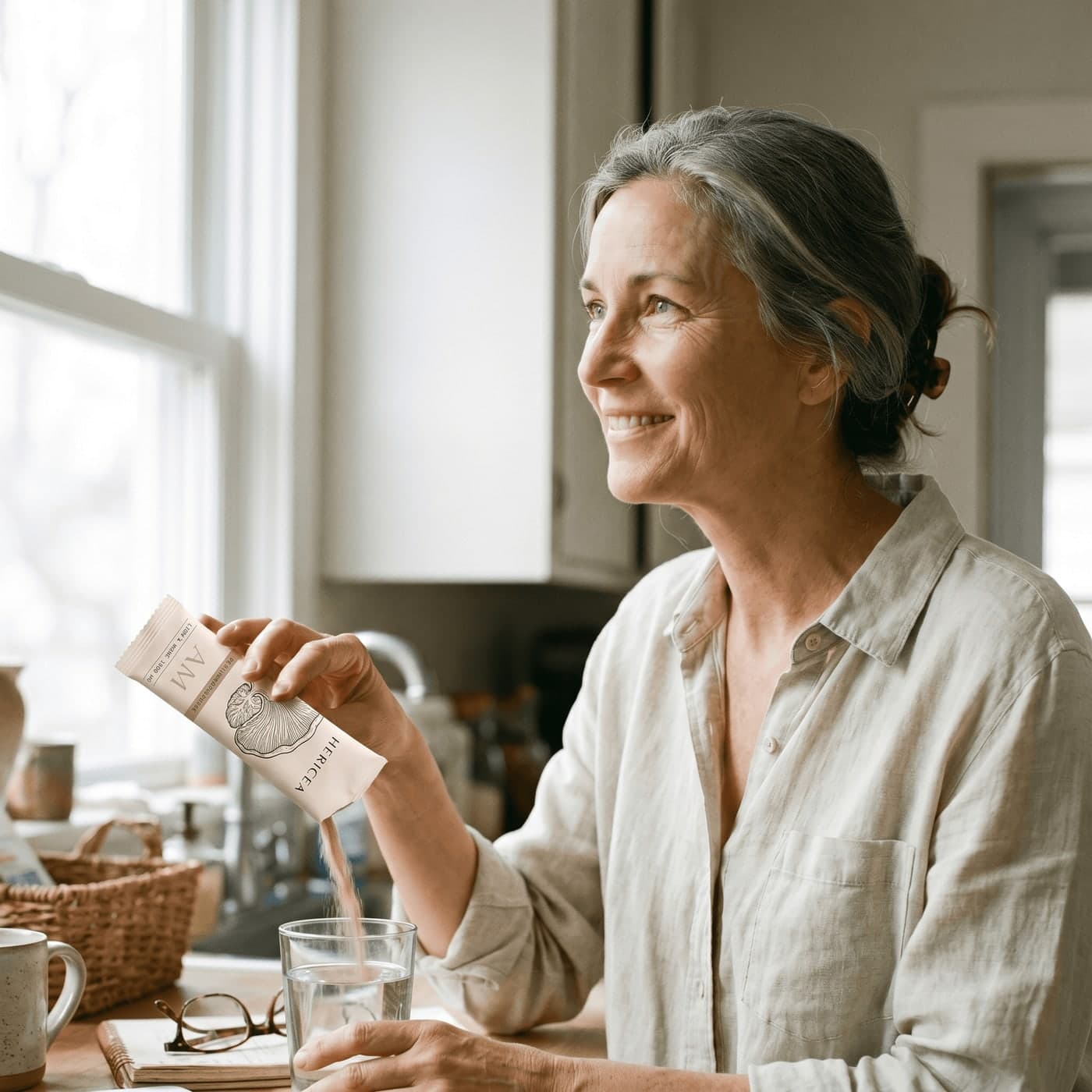 A woman in her early 50s mixing the Hericea Perimenopause morning stick into a glass of water in bright morning light